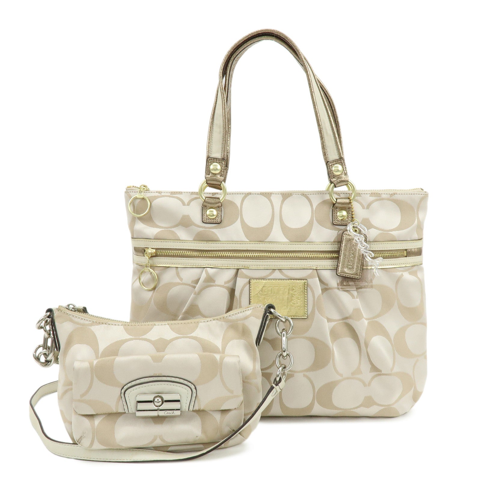 COACH Set of 2 Signature Satin Canvas Shoulder Bag Hand Bag Beige