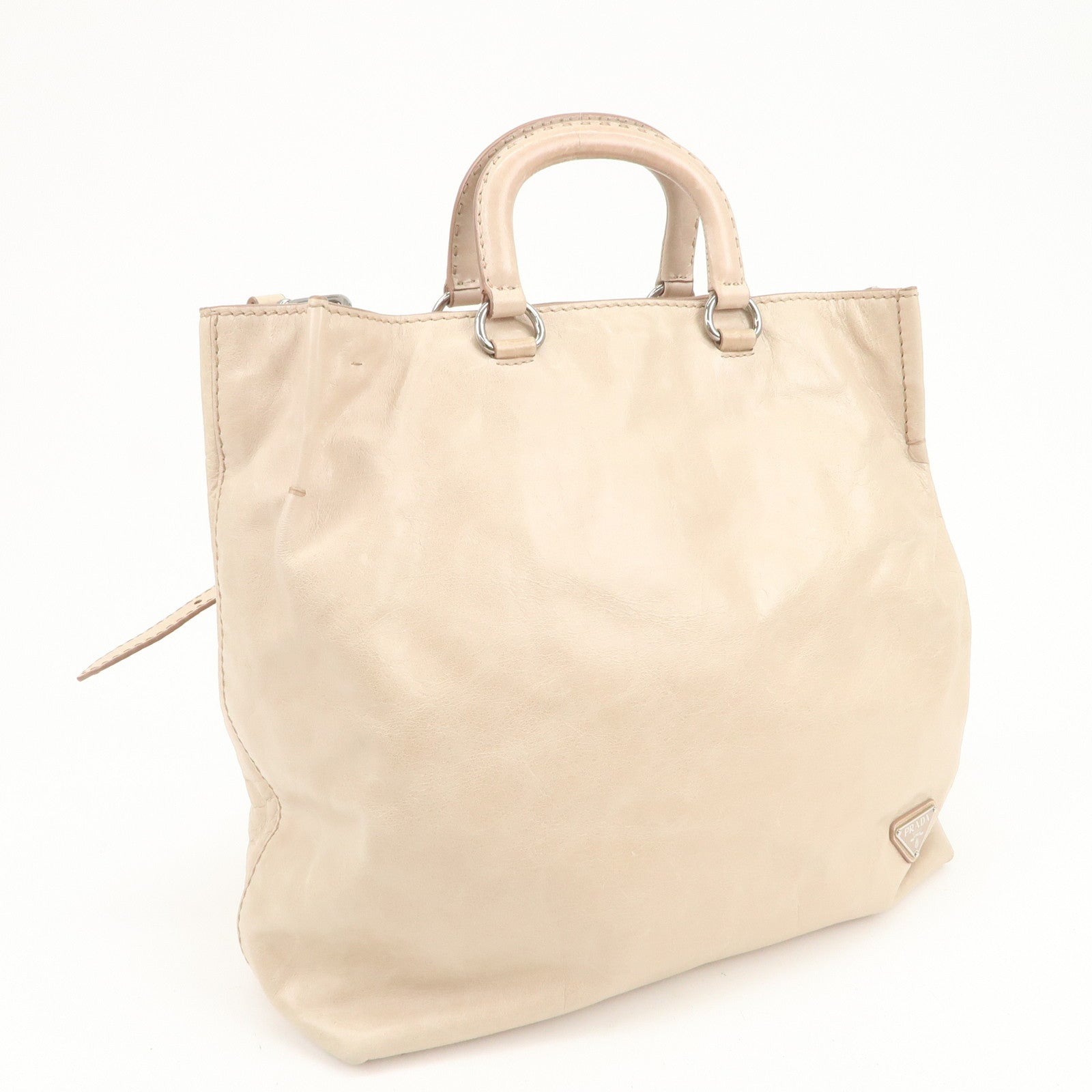 PRADA Triangle Logo Leather 2Way Hand Bag Shoulder Bag Beige BR4617