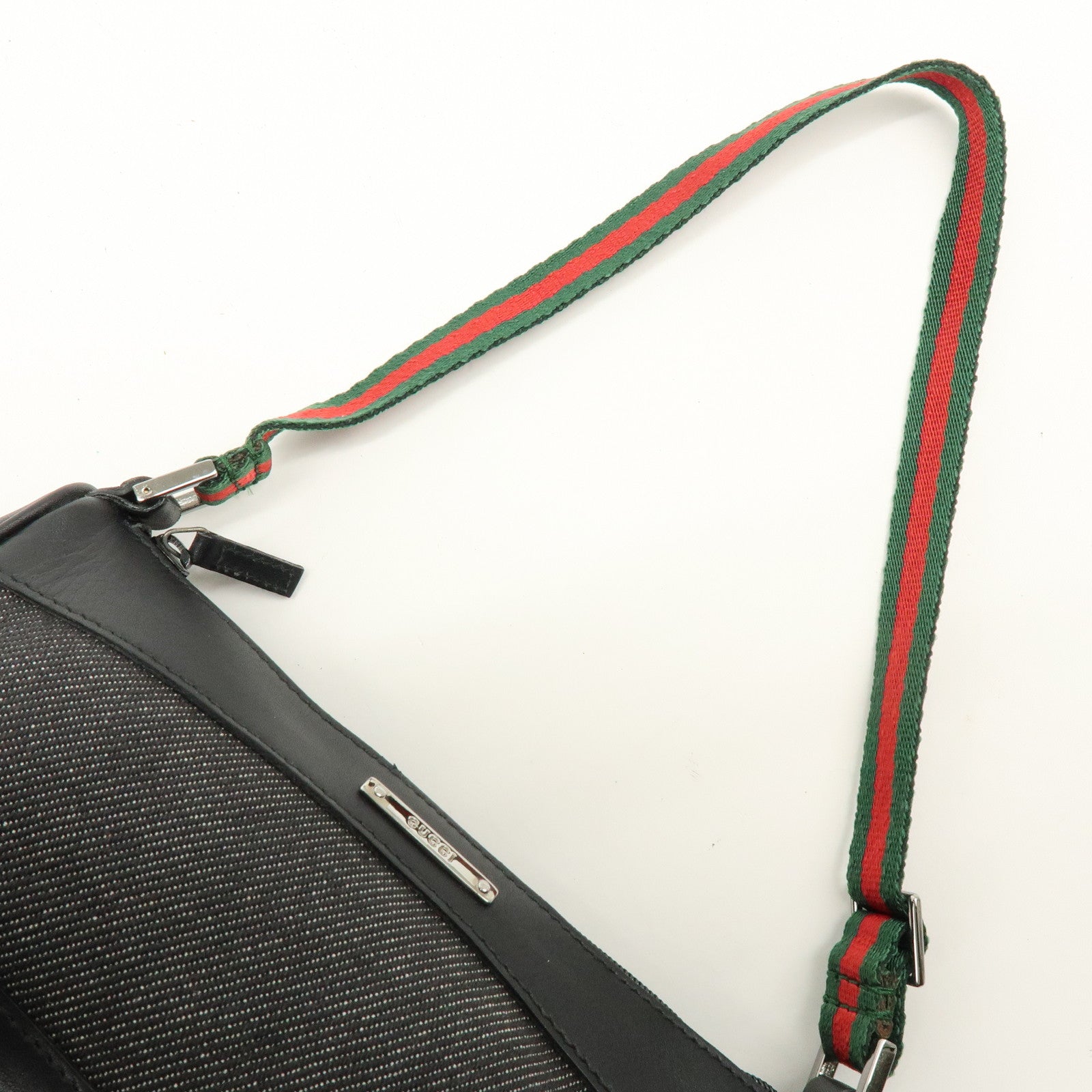 GUCCI Sherry Denim Leather Accessory Pouch Hand Bag Black 92820