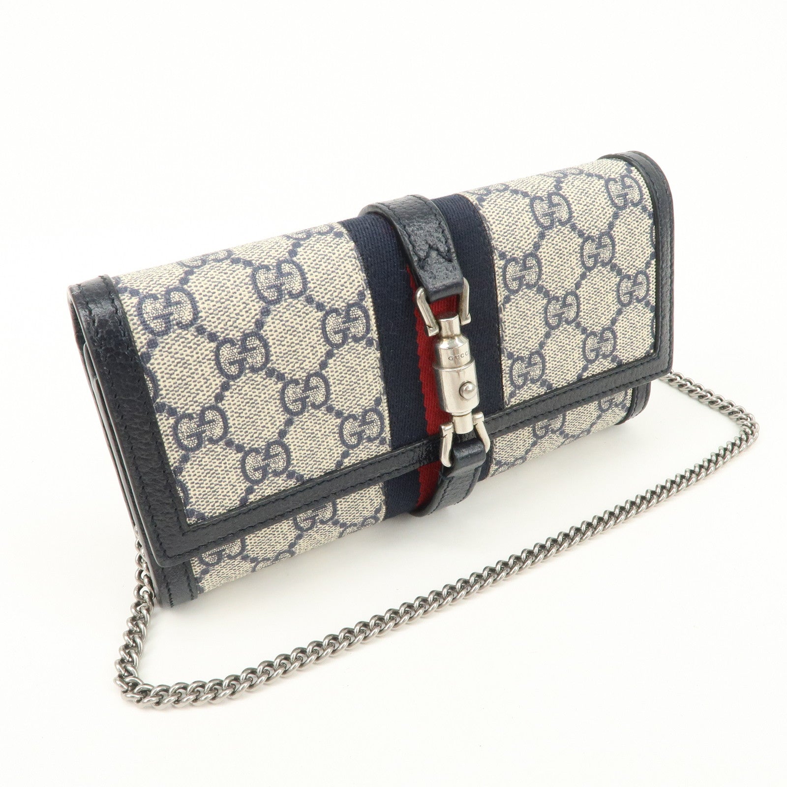 GUCCI New Jackie 1961 Sherry GG Supreme Chain Wallet Navy 652681