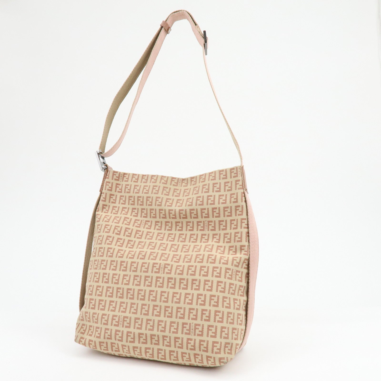 FENDI Zucchino Canvas Leather Shoulder Bag Beige Pink 8BR318