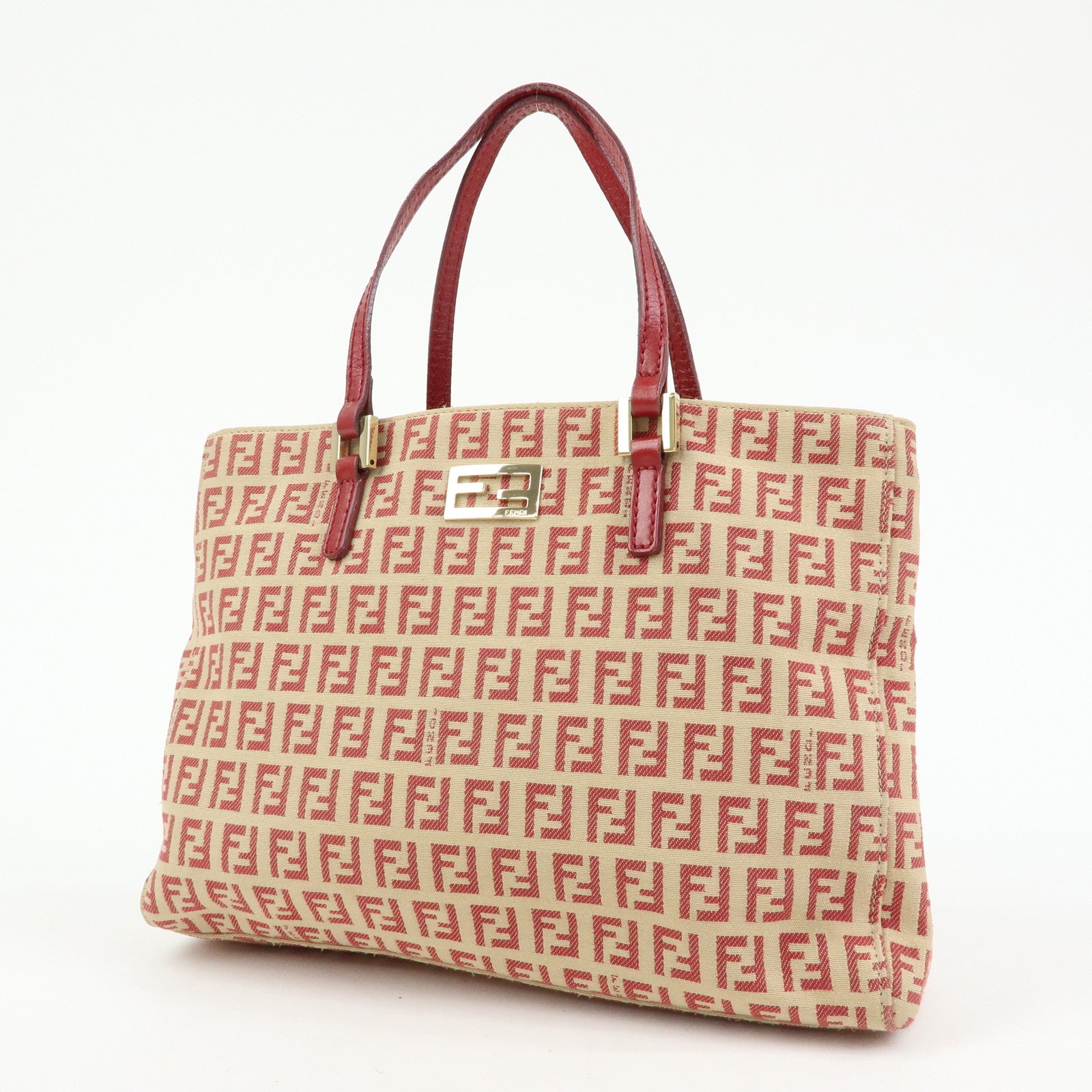 FENDI Zucchino Canvas Leather Hand Bag Tote Bag Beige Red 8BH132