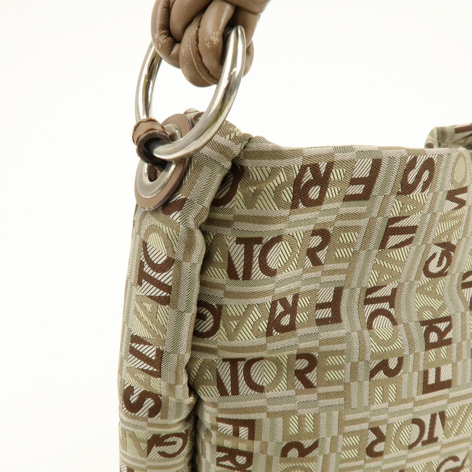 Ferragamo Logo Canvas Leather Shoulder Bag Beige Brown Khaki
