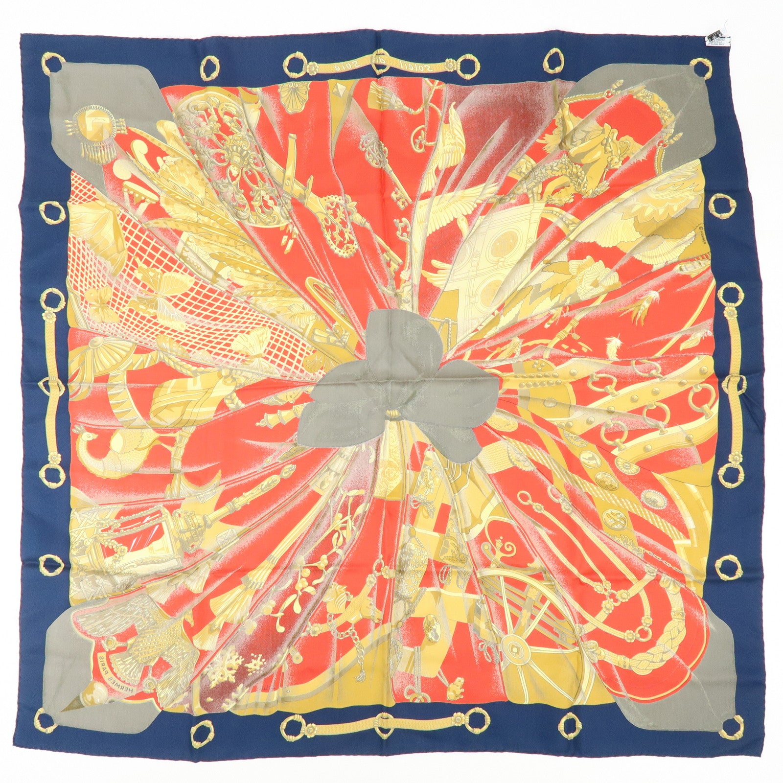 HERMES Carre 90 Silk 100% Soleil de Soie Scarf Gold Red Navy