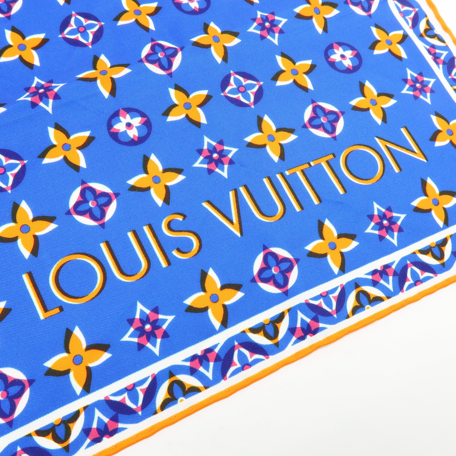 Louis Vuitton Monogram Silk 100% Scarf Blue Orange M73843