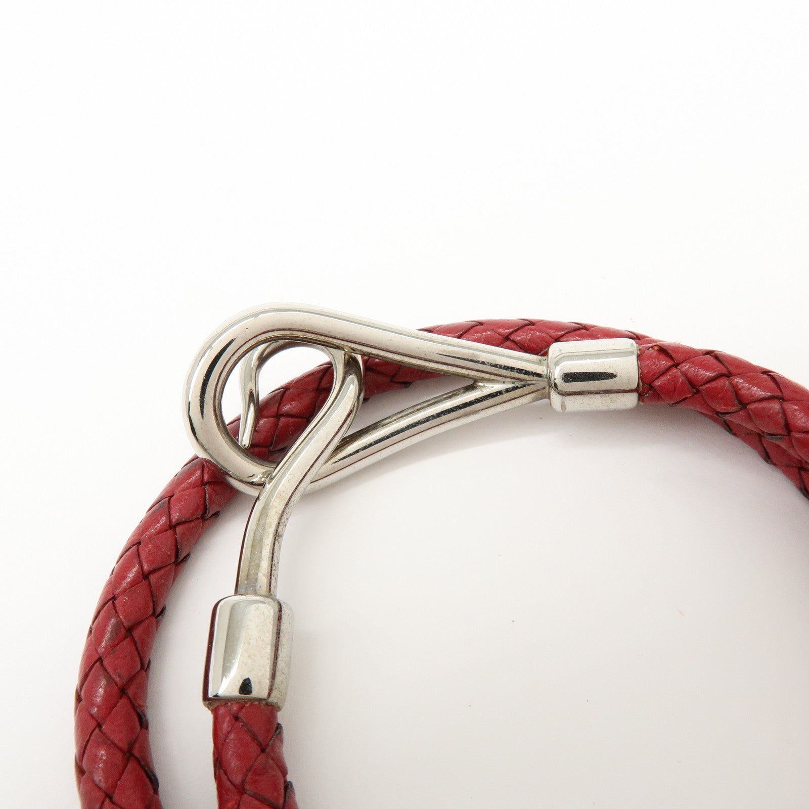 HERMES Jumbo Choker Double Tour Leather Metal Bracelet Red Silver