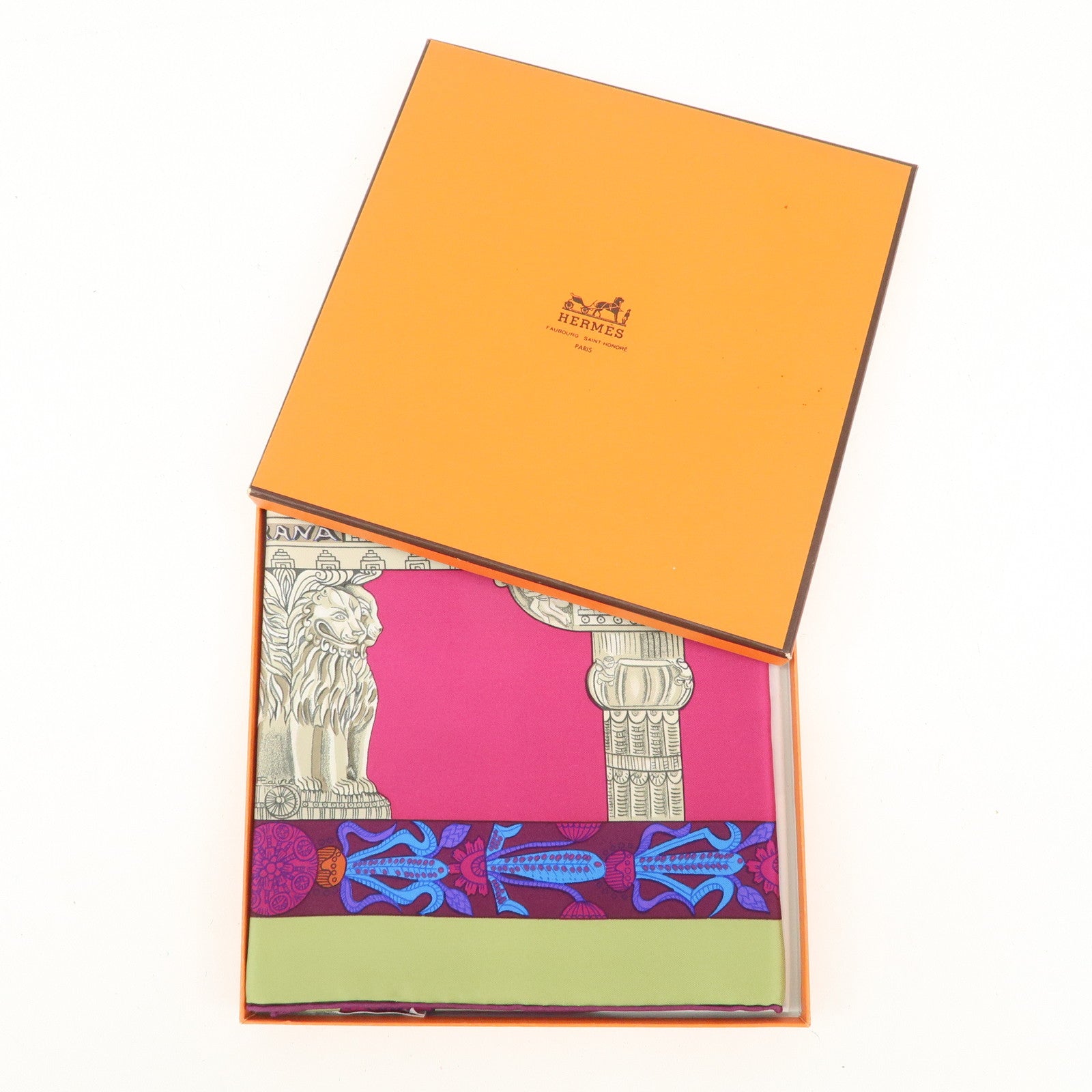 HERMES Carre 90 Silk 100% Scarf TORANA Pink Blue Green Used