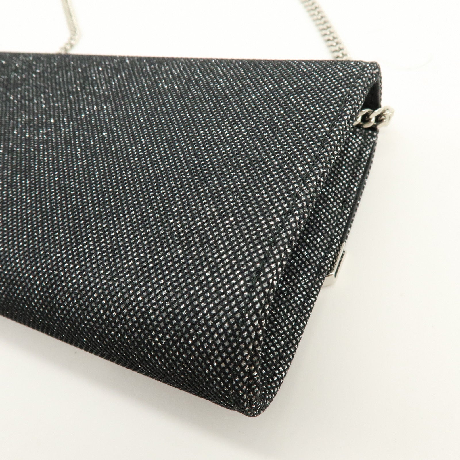 JIMMY CHOO Emmie Canvas Leather Chain Shoulder Bag Silver Black