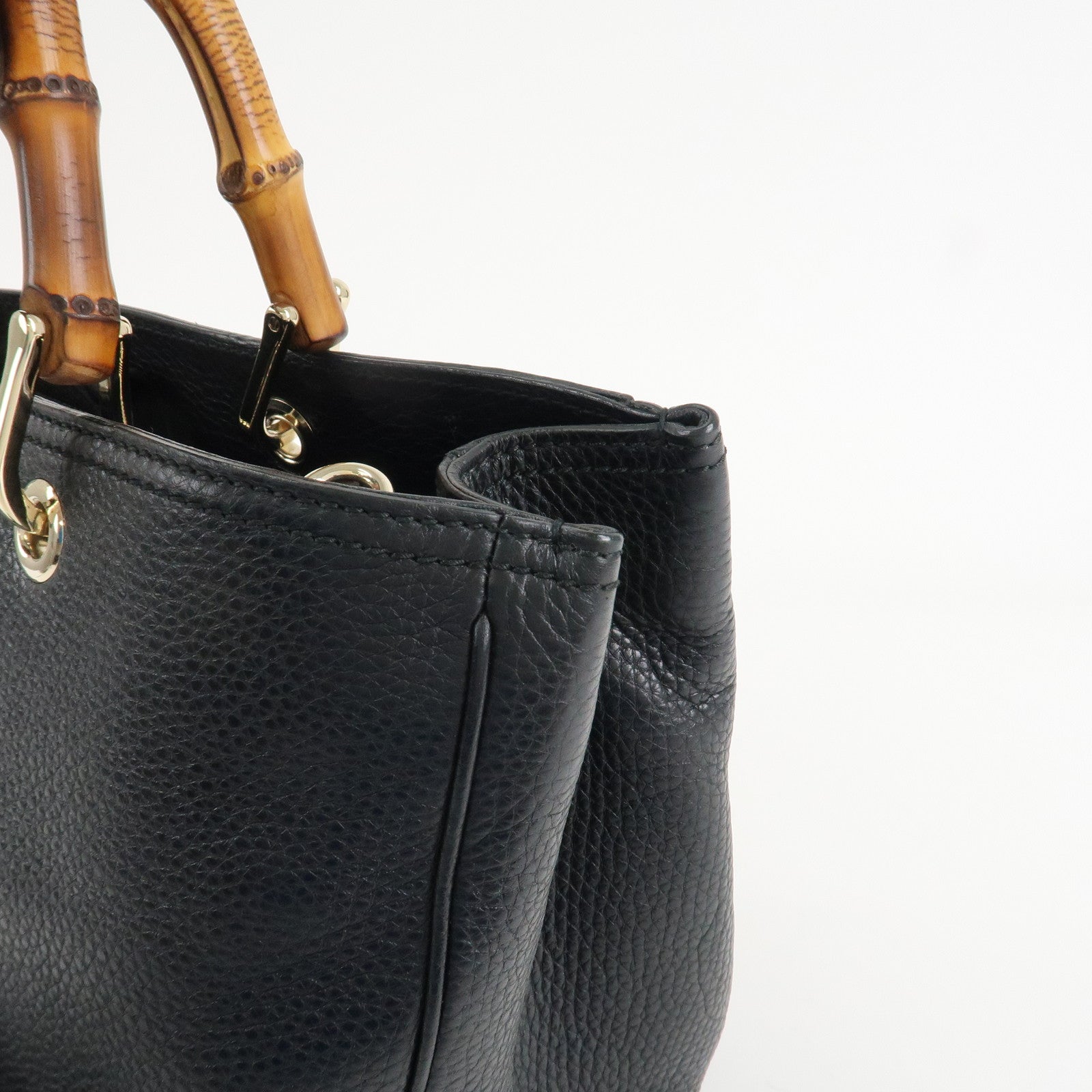 GUCCI Bamboo Leather 2WAY Shopper Medium Tote Bag Black 323660