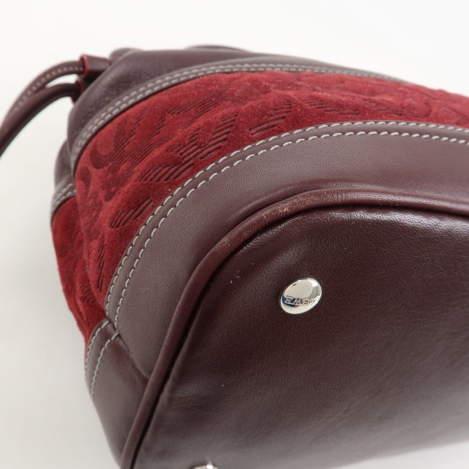 LOEWE Anagram Logo Leather Suede Hand Bag Brown Bordeaux