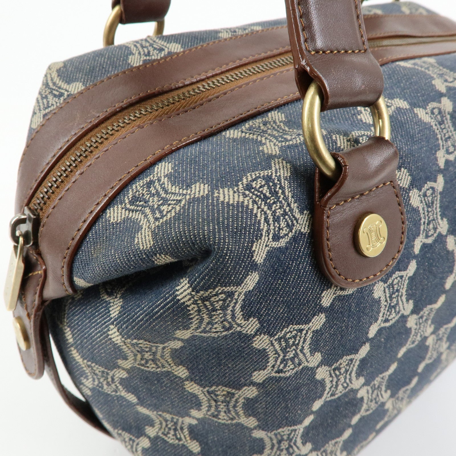 CELINE Macadam Denim Leather Shoulder Bag Hand Bag Blue Brown