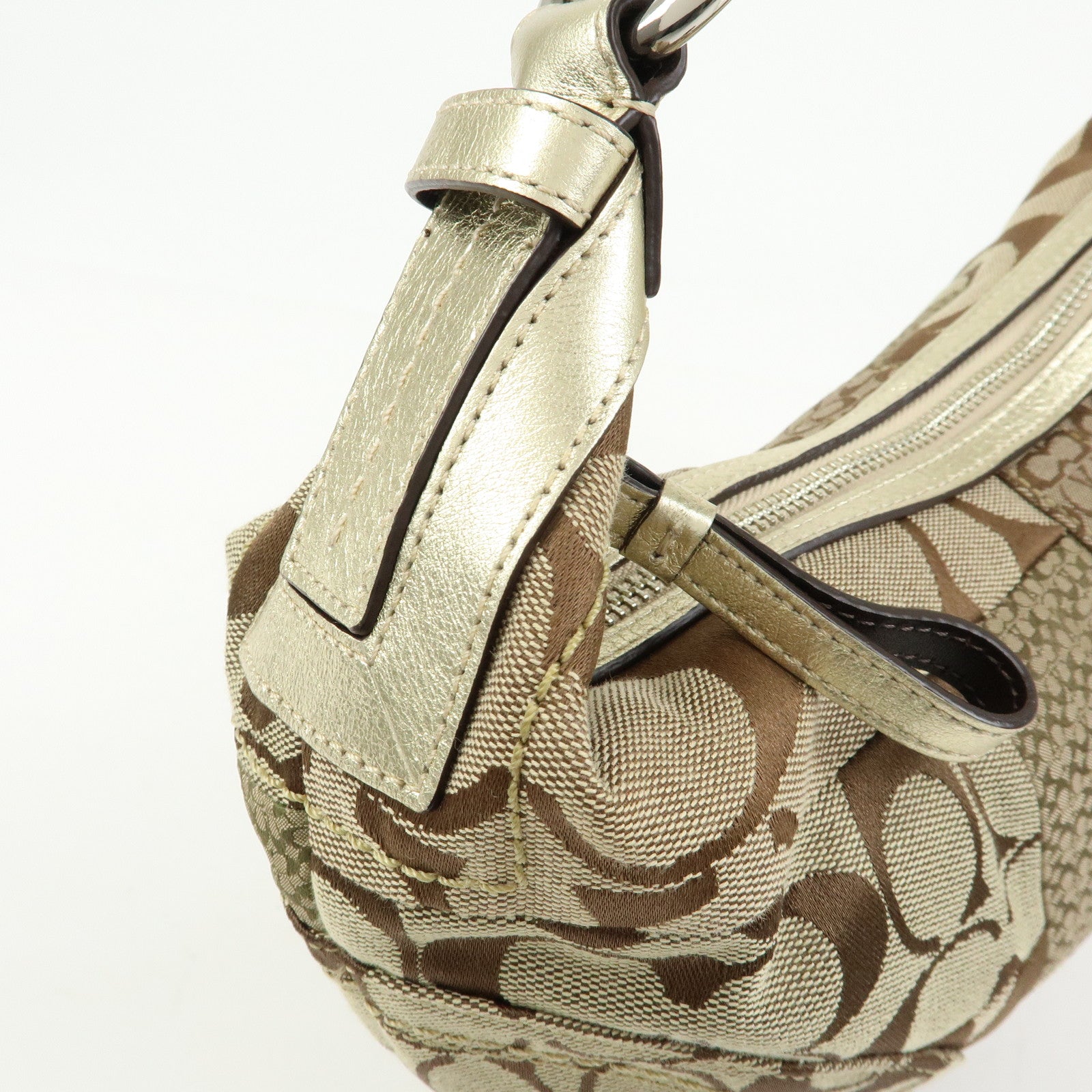 COACH Signature Patchwork Canvas Leather Shoulder Bag Beige Gold