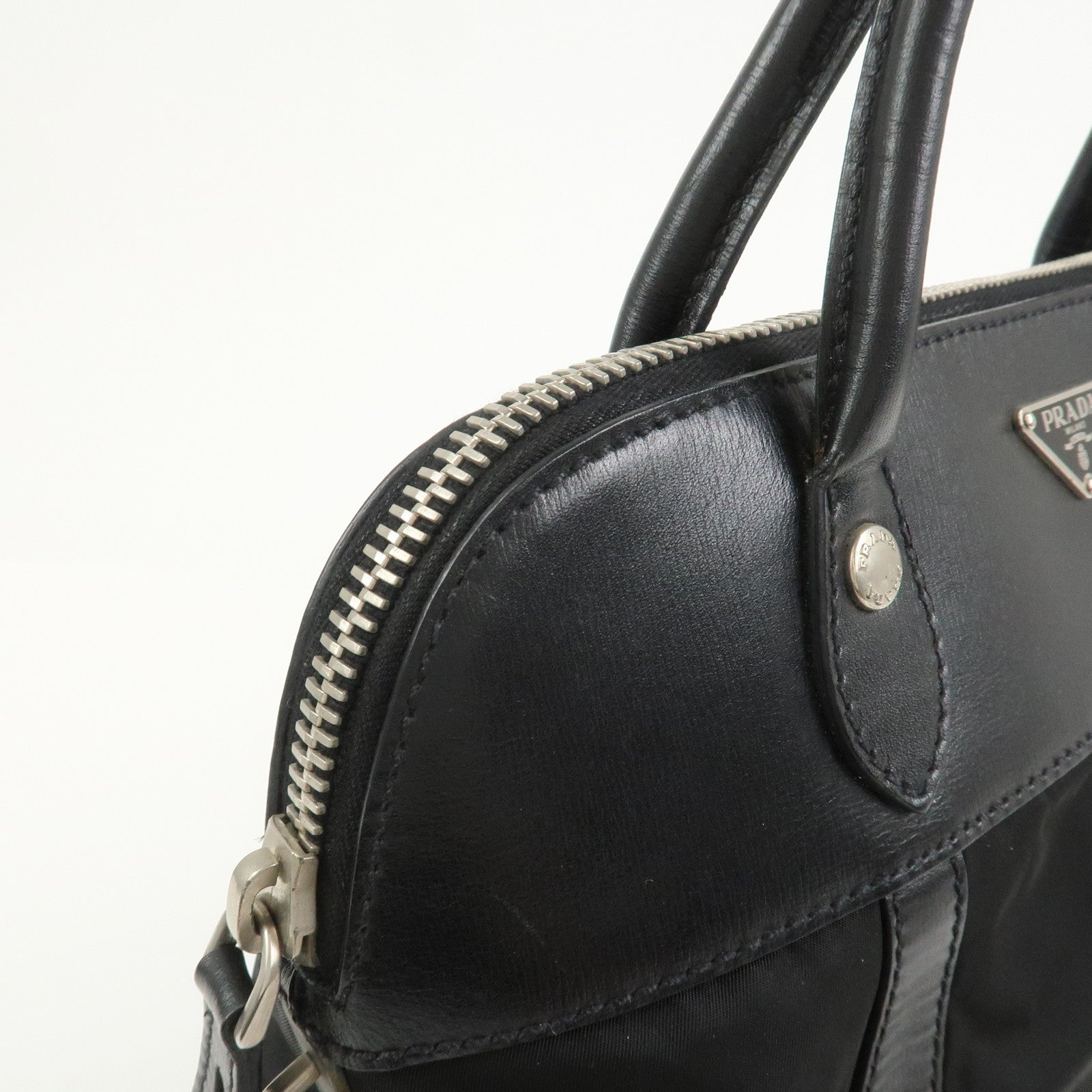 PRADA Triangle Logo Nylon Leather Shoulder Bag Hand Bag Black