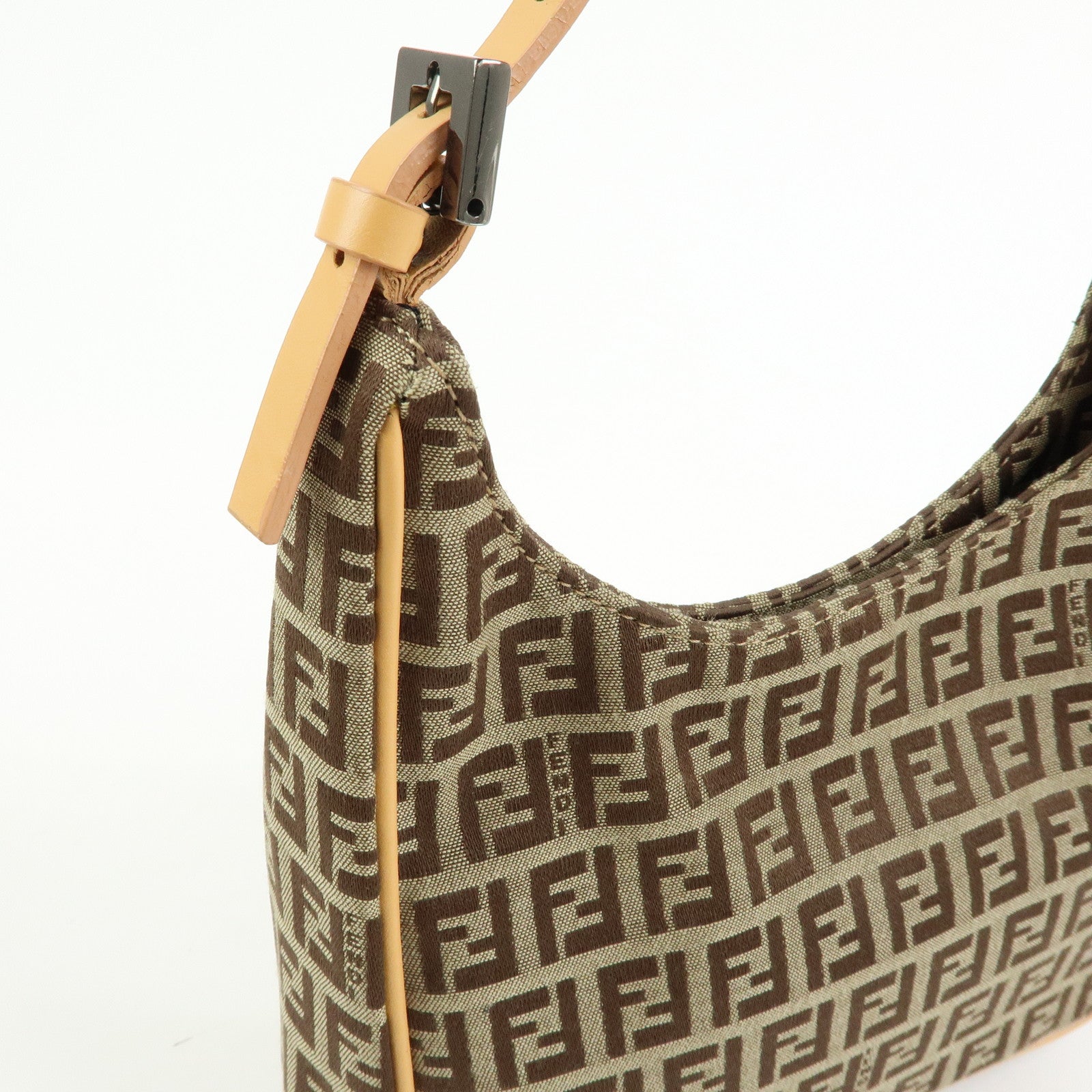 FENDI Zucchino Canvas Leather Hand Bag Khaki Beige 8BR157