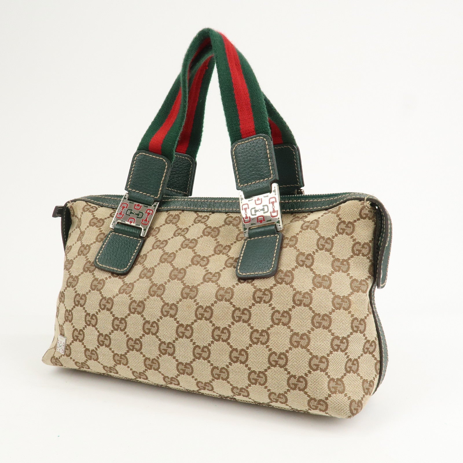 GUCCI Sherry GG Canvas Leather Hand Bag Beige Green 145759