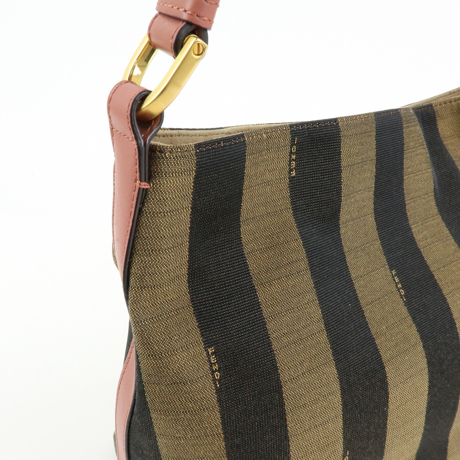 FENDI Pequin Canvas Leather Shoulder Bag Brown Pink 8BR669