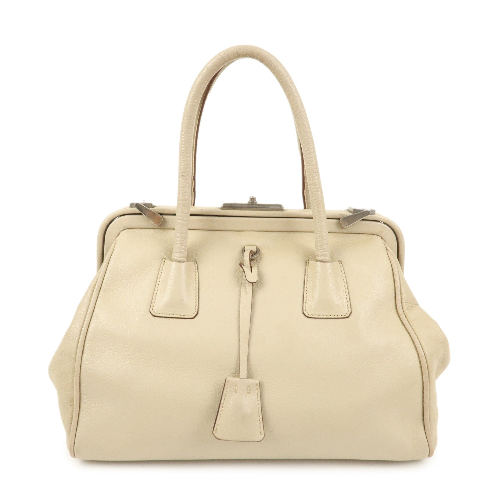 PRADA Leather Doctors Bag Hand Bag Beige Silver