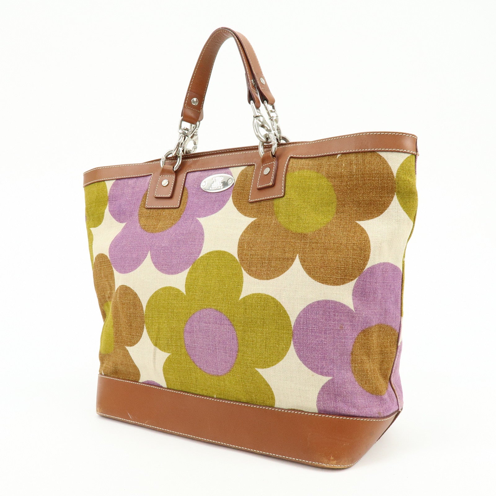 CELINE Flower Canvas Leather Tote Bag Shoulder Bag Brown Natural