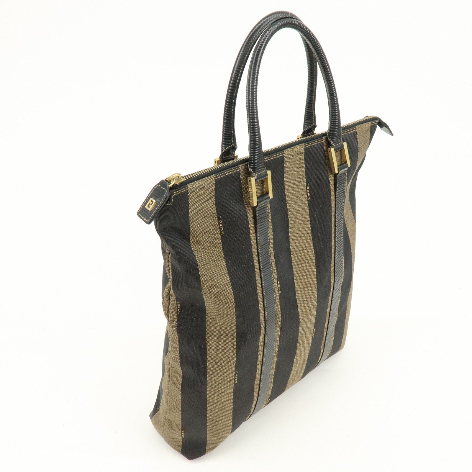 FENDI Pequin Canvas Leather Hand Bag Tote Bag Brown Black