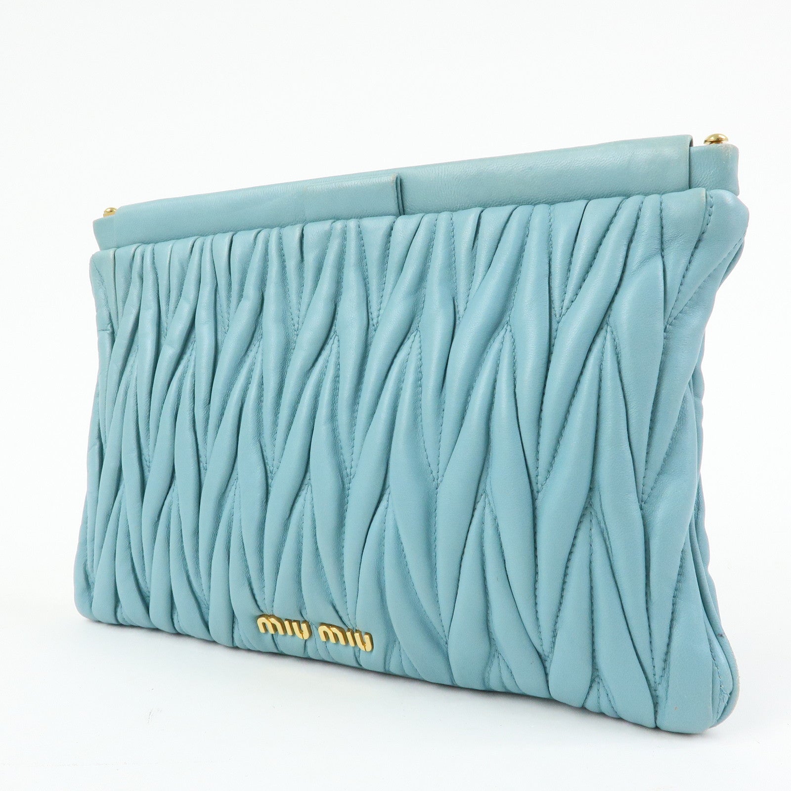MIU MIU Logo Matelasse Nappa Leather Clutch Bag Light Blue 5N1573