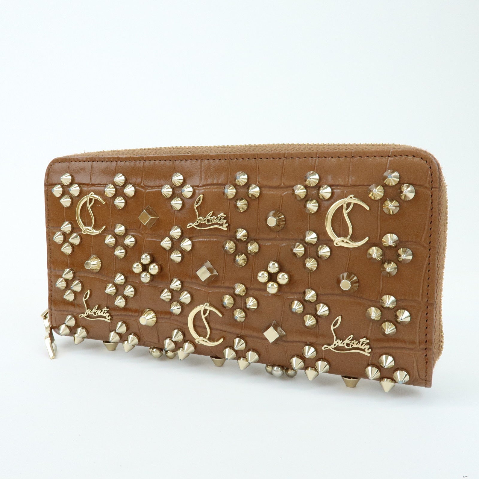 Christian Louboutin Embossed Leather Long Wallet Studs Brown