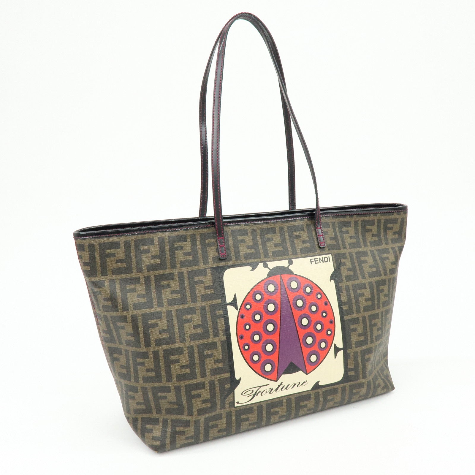 FENDI Zucca PVC Leather Ladybug Tote Shoulder Bag Brown Red 8BH185