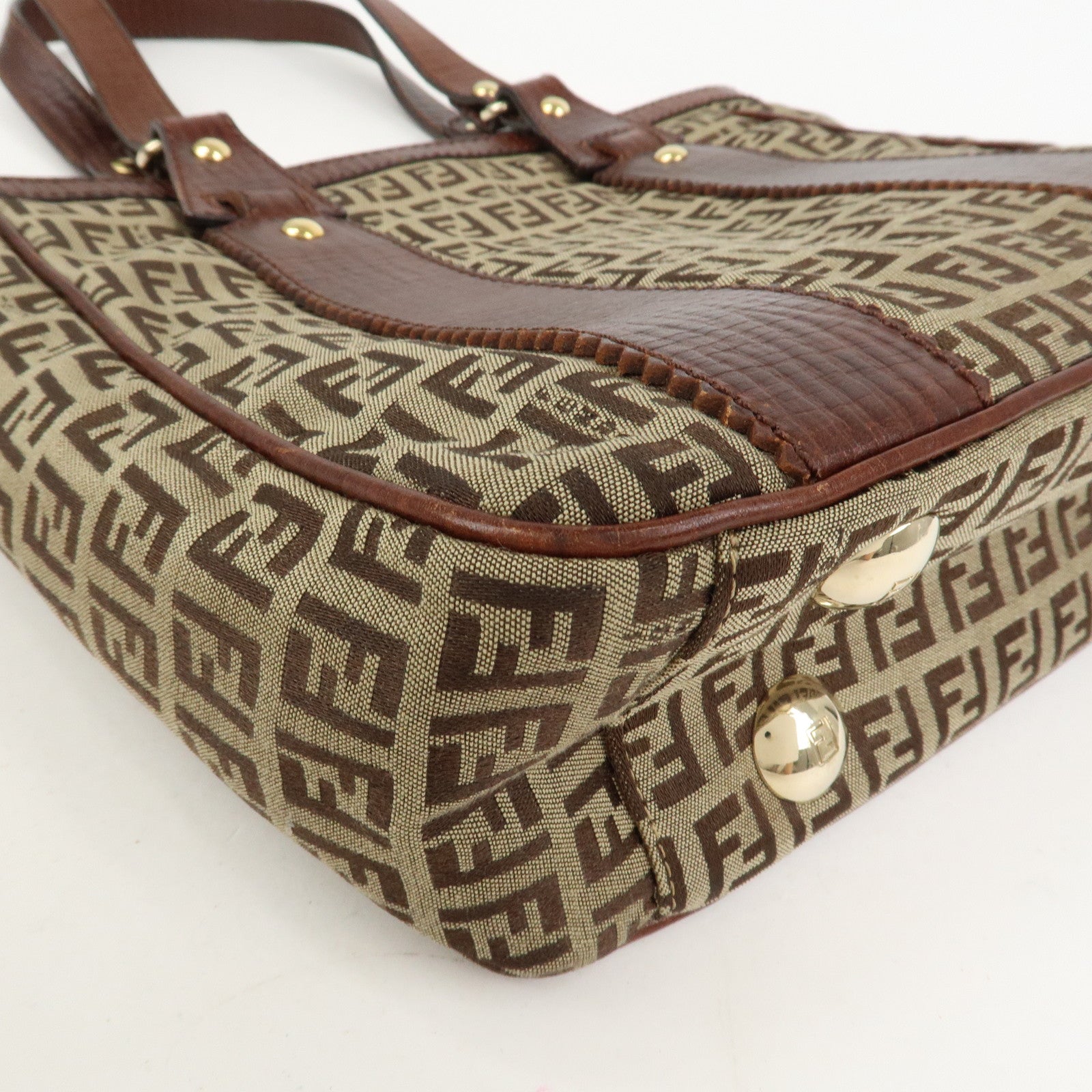 FENDI Zucchino Canvas Leather Tote Bag Shoulder Bag Brown 8BH161