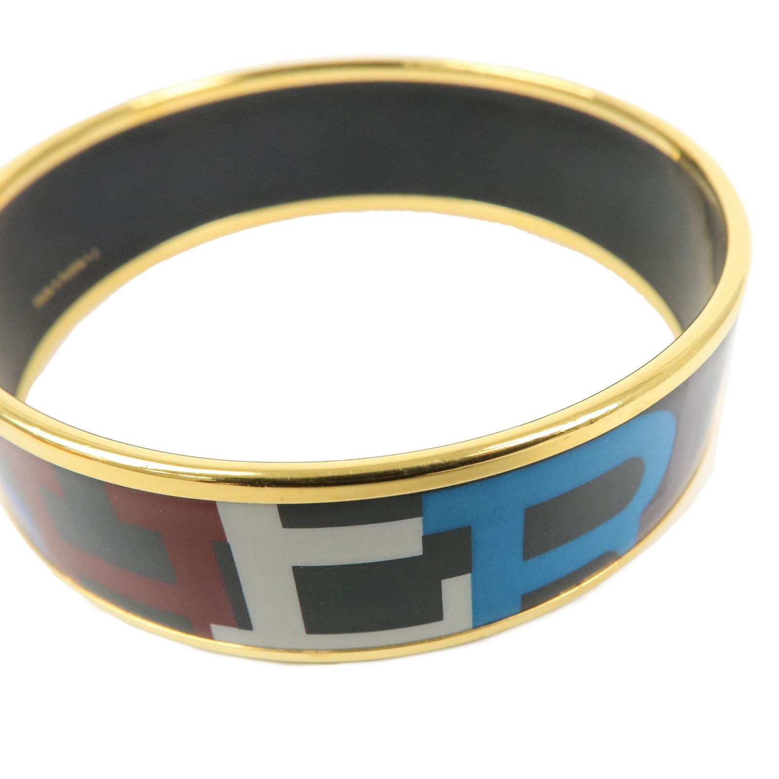 HERMES Email GM Gold Plated Bangle Bracelet Black Multicolor