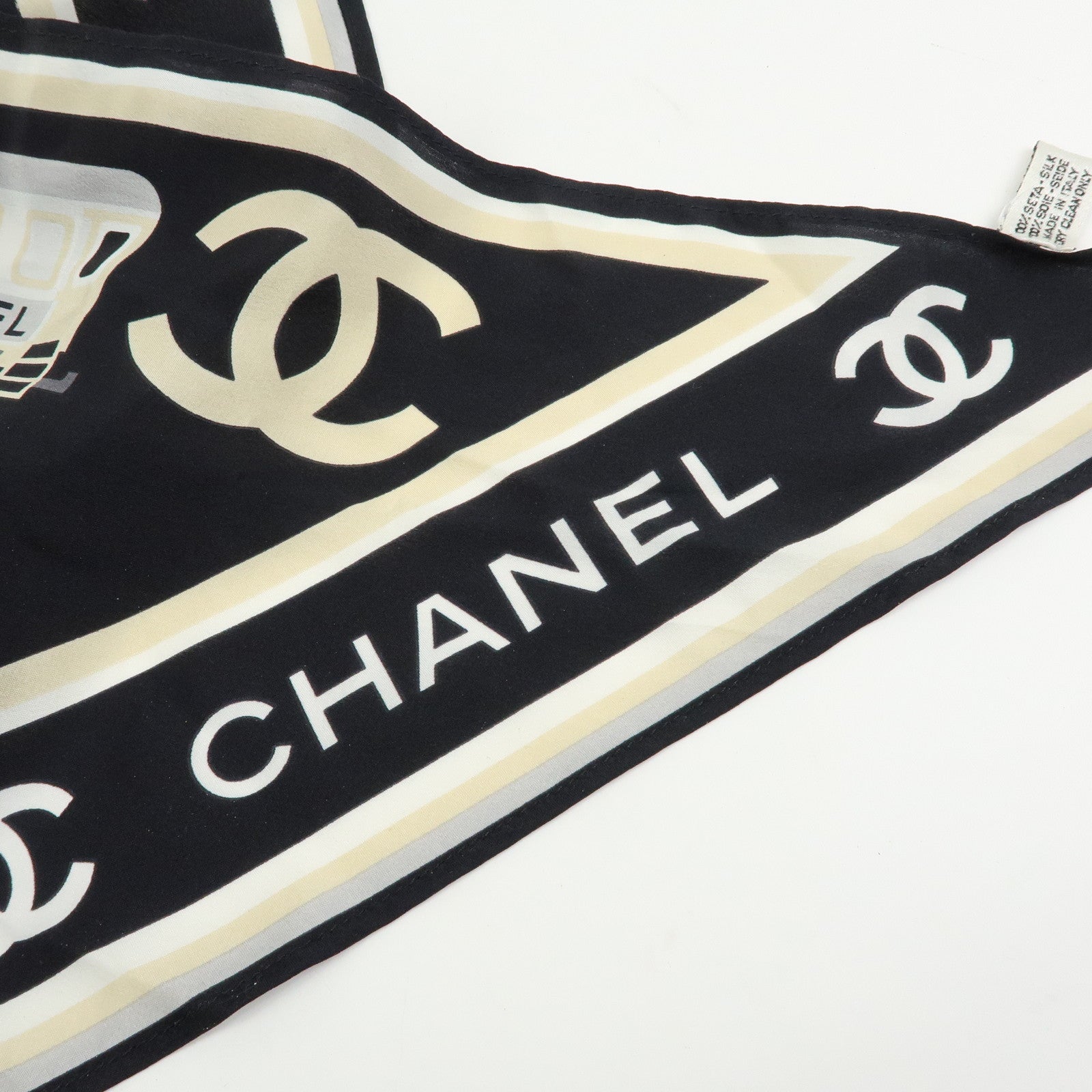 CHANEL COCO Mark Silk100% Train Scarf Shawl Black