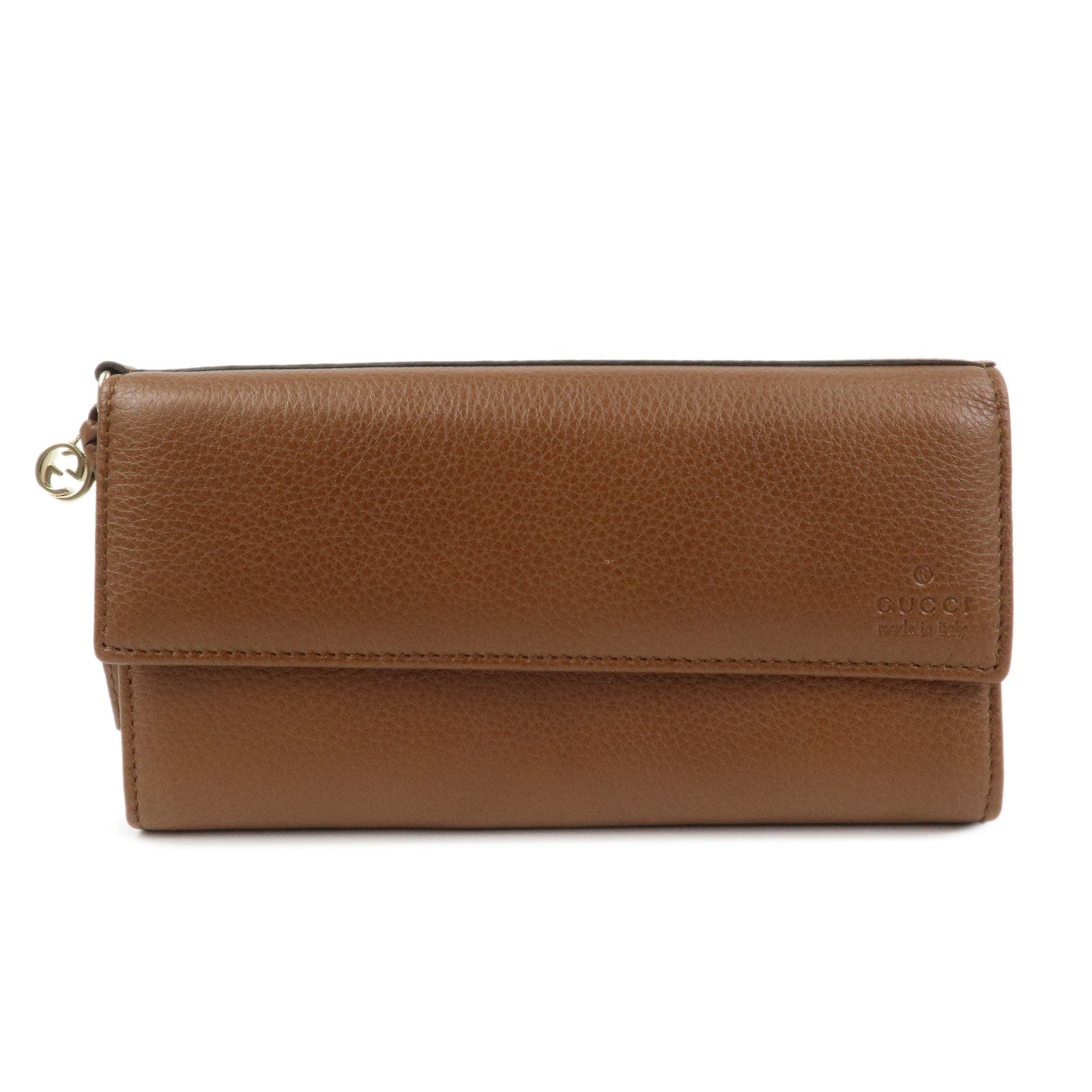GUCCI Logo Leather Flap Long Wallet Brown 323396