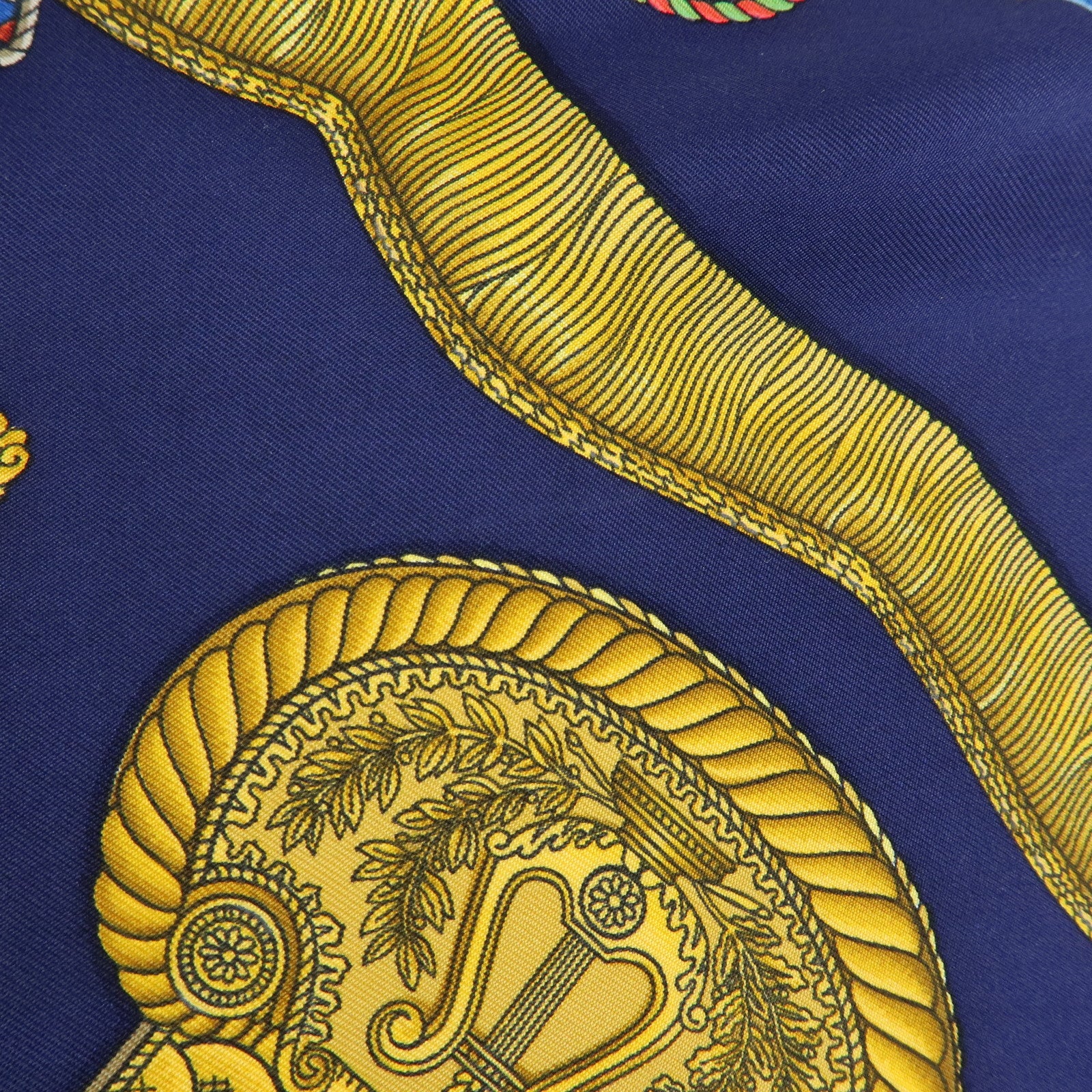 HERMES Carre 90 Silk 100% Scarf LES TAMBOURS Navy Gold