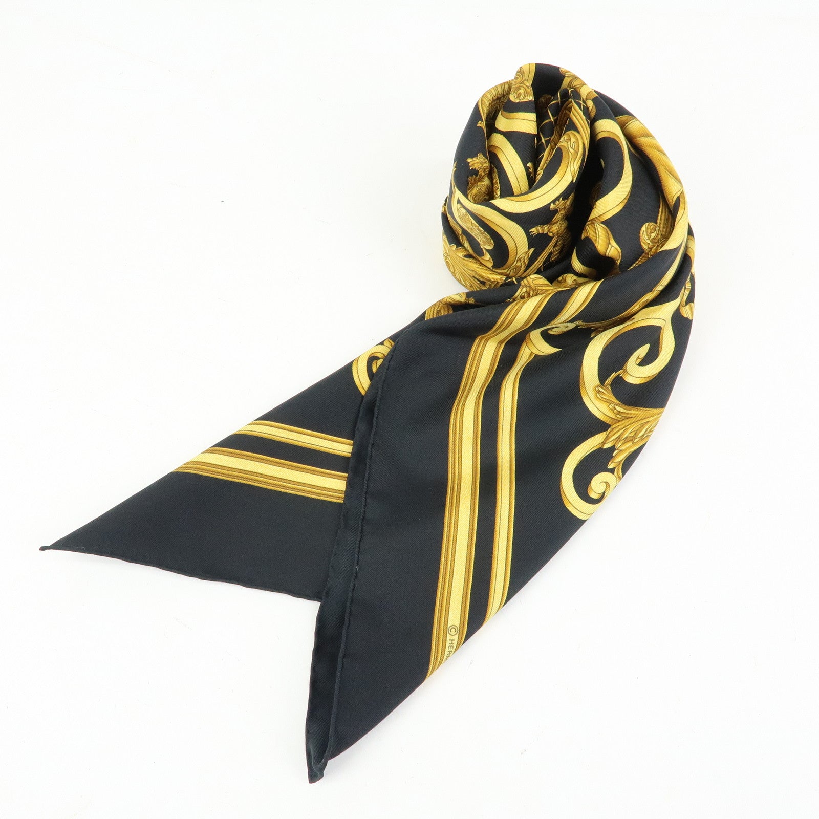 HERMES Carre 90 Silk 100% Scarf LES TUILERIES Black Gold