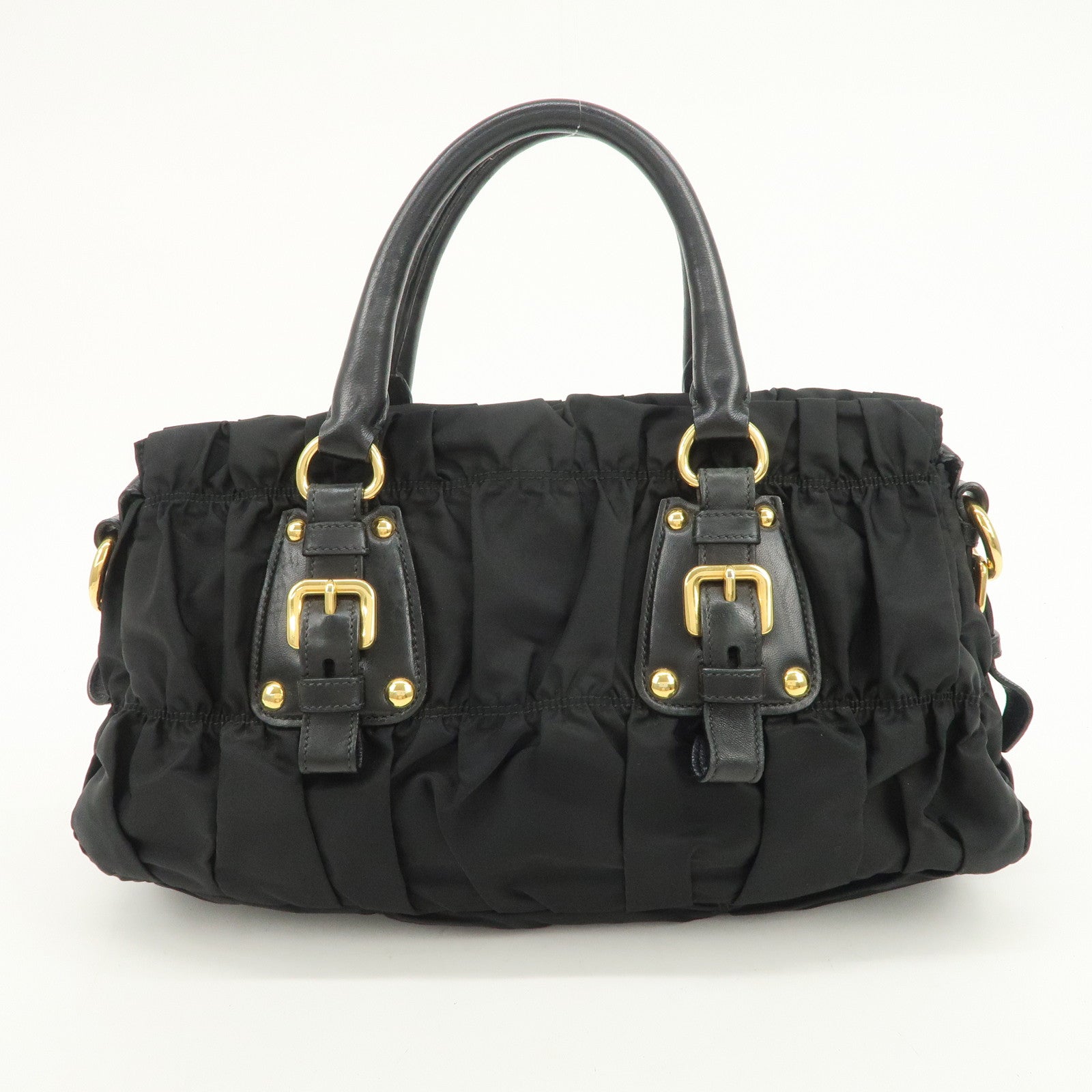 PRADA Nylon Leather Gathered 2Way Hand Shoulder Bag Black BN1407