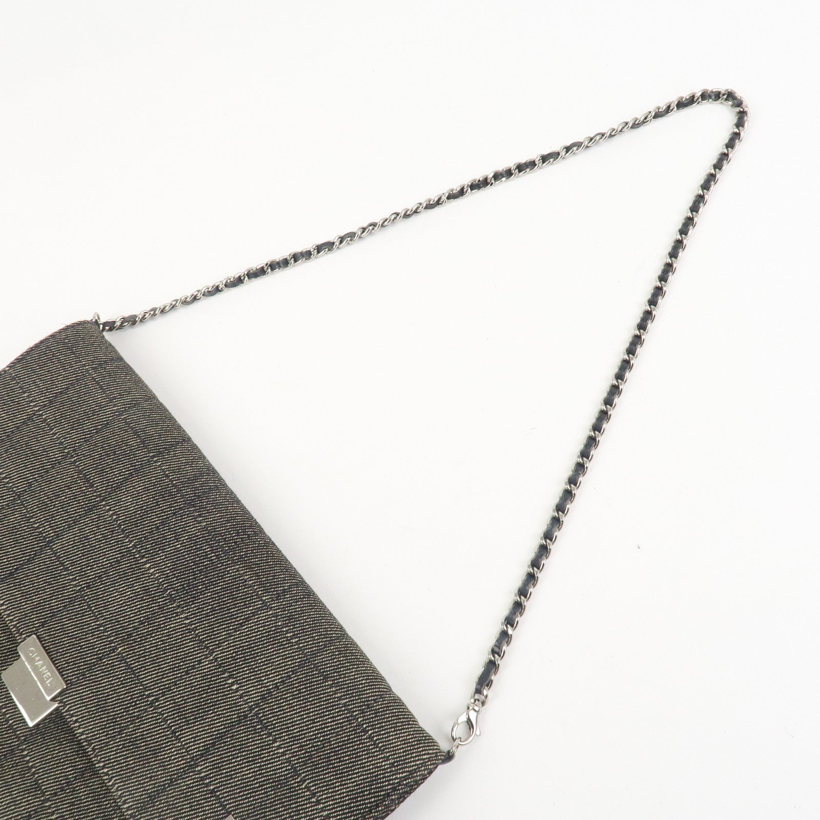 CHANEL Chocolate Bar Denim Leather Chain Shoulder Hand Bag Black