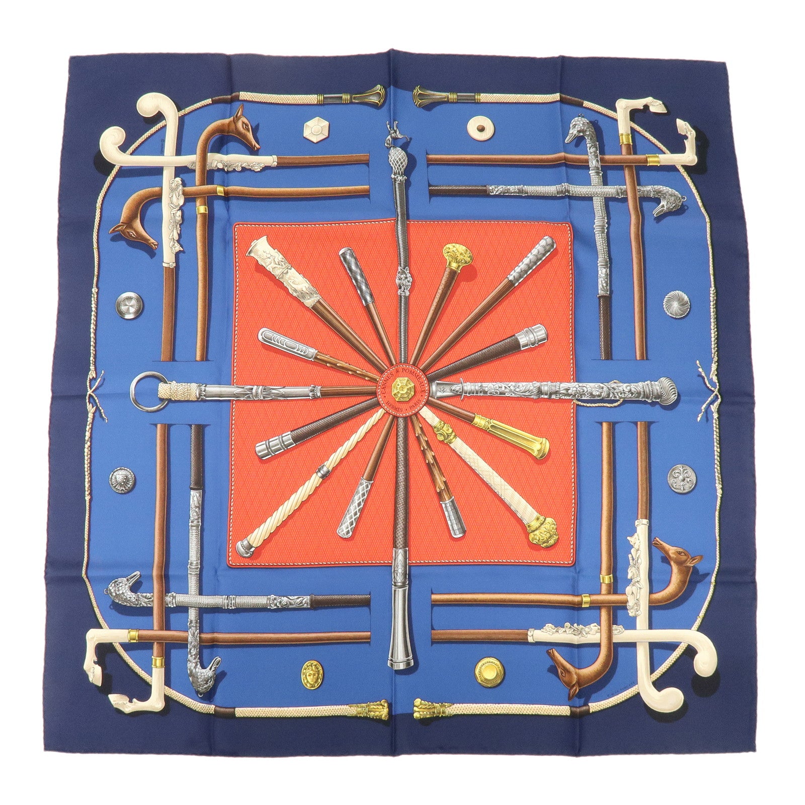 HERMES Carre 90 Silk 100% Scarf CANNES ET POMMEAUX Navy Brown