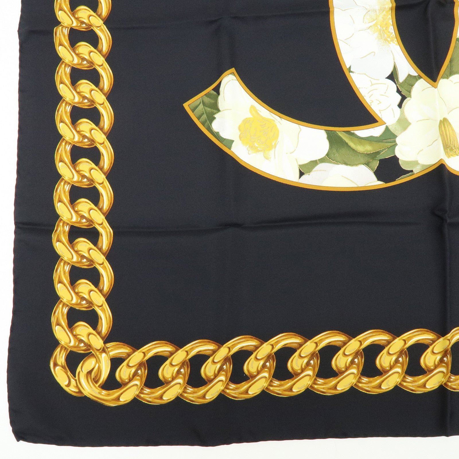 CHANEL COCO Mark Silk 100% Scarf Camellia Black Gold