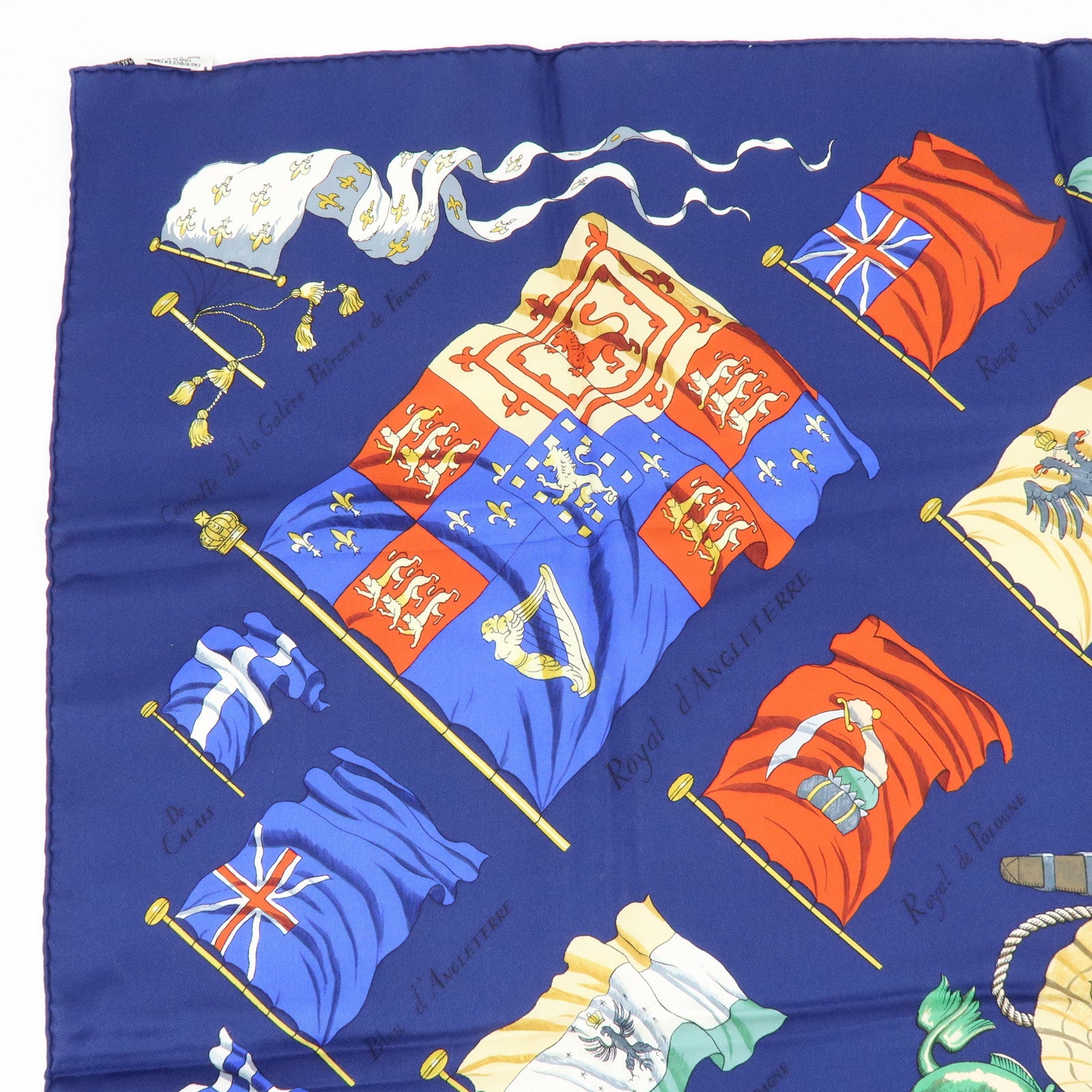 HERMES Carre 90 Silk 100% Scarf PAVOIS Ship Flag Print Navy Red