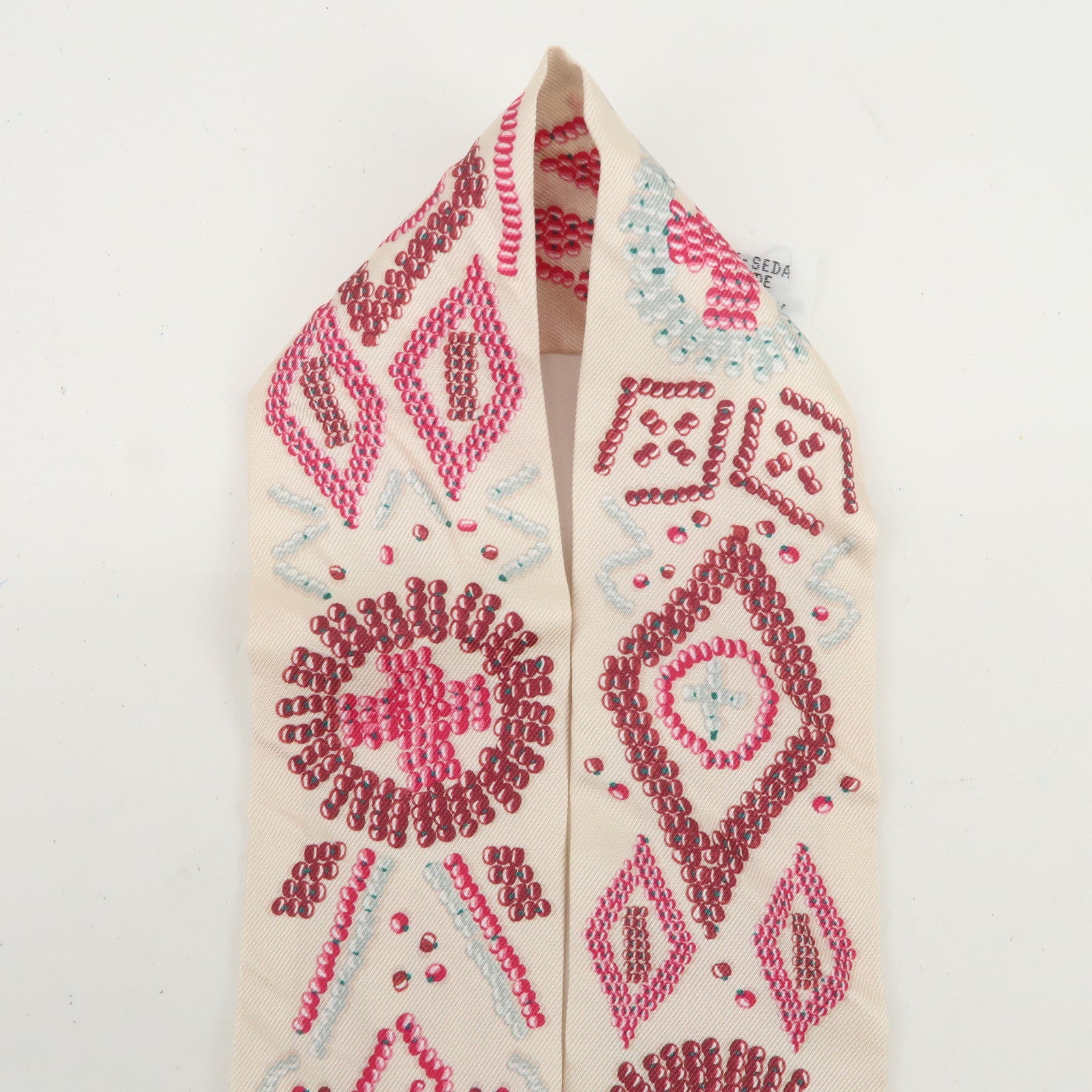 HERMES Twilly Silk 100% KELLY EN PERLES Scarf Ivory Pink