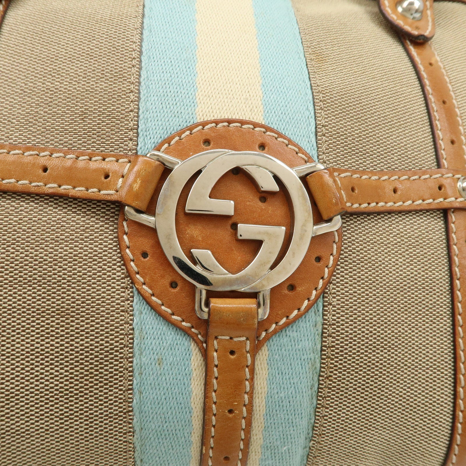 GUCCI Interlocking G Sherry Leather Canvas Hand Bag Beige 114882 Used