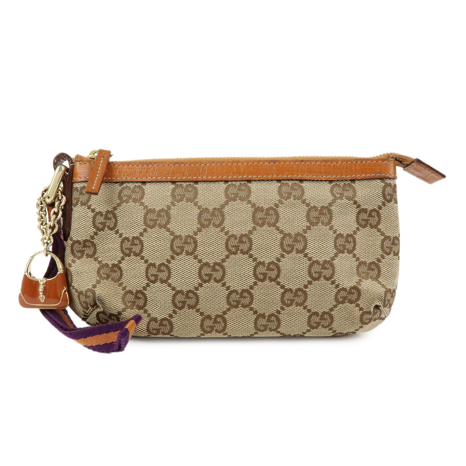 GUCCI Sherry GG Canvas Leather Pouch Hand Bag Beige Camel 152507