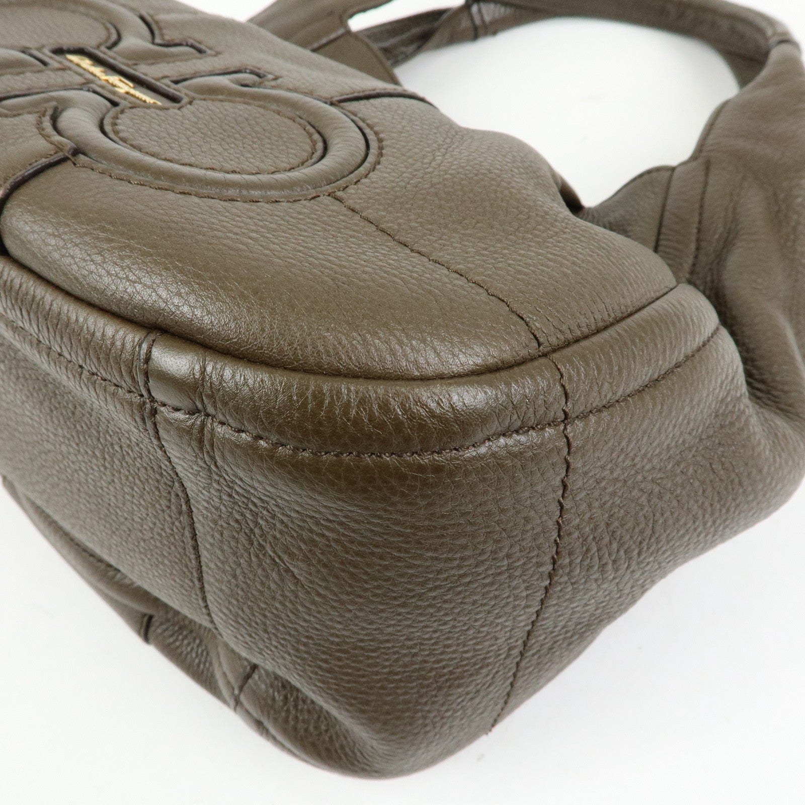 Ferragamo Gancini Calf Leather Hand Bag Shoulder Bag Khaki