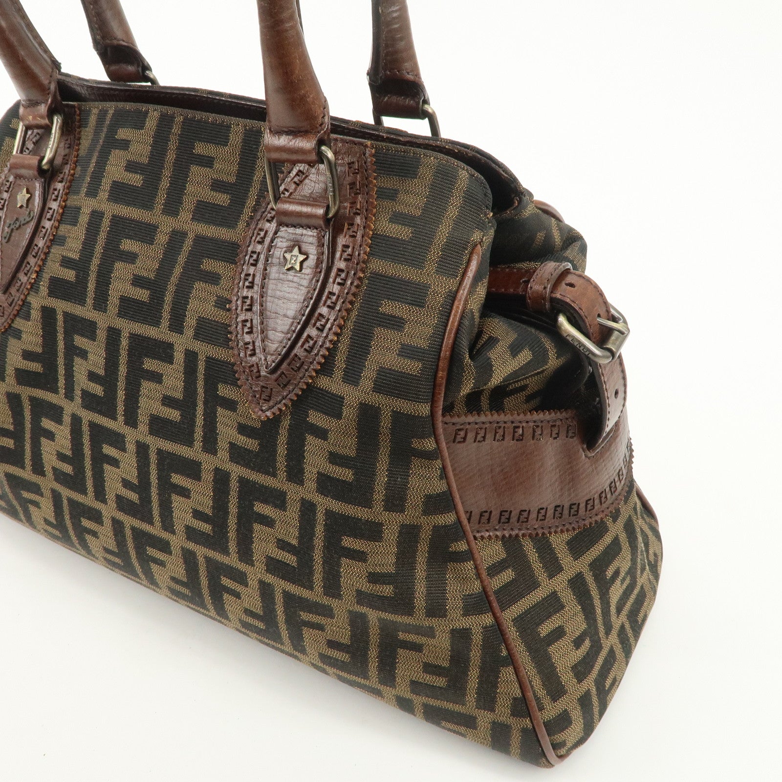 FENDI Zucca Canvas Leather Tote Bag Hand Bag Black Brown 8BN162 Used