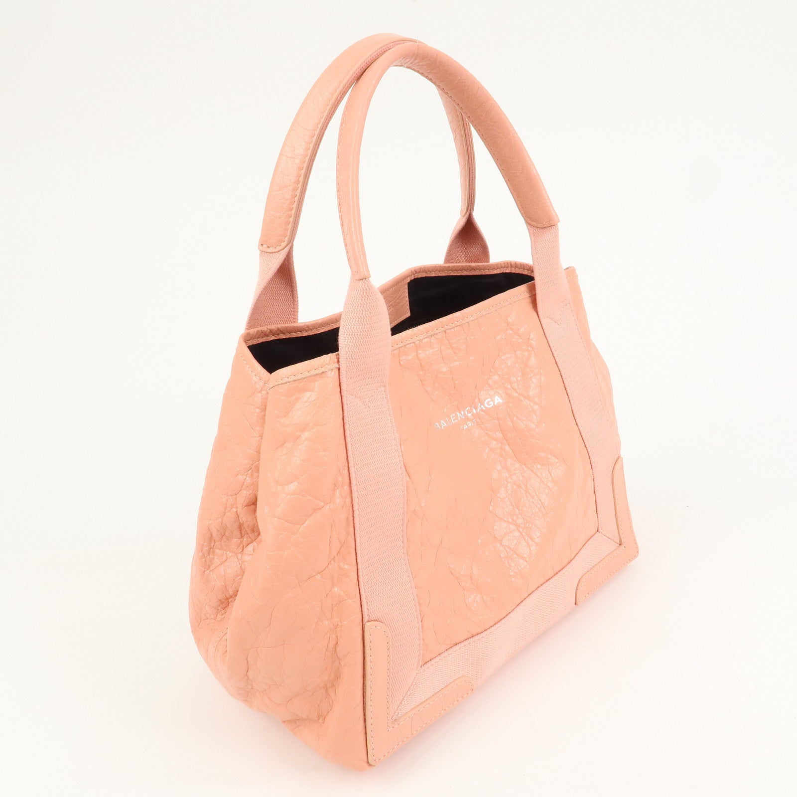 BALENCIAGA Navy Cabas M Canvas Leather Tote Bag Hand Bag Pink