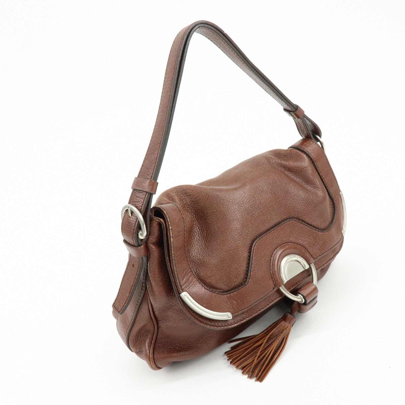 CELINE Tassel Leather Shoulder Bag Brown