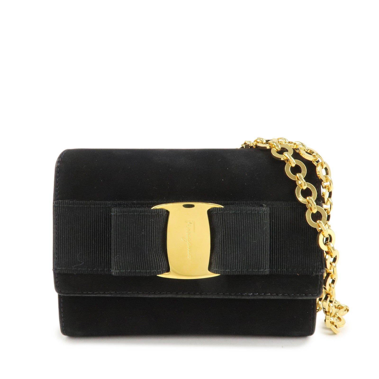 Ferragamo Vara Ribbon Suede Mini Chain Shoulder Bag Hand Bag Black Used
