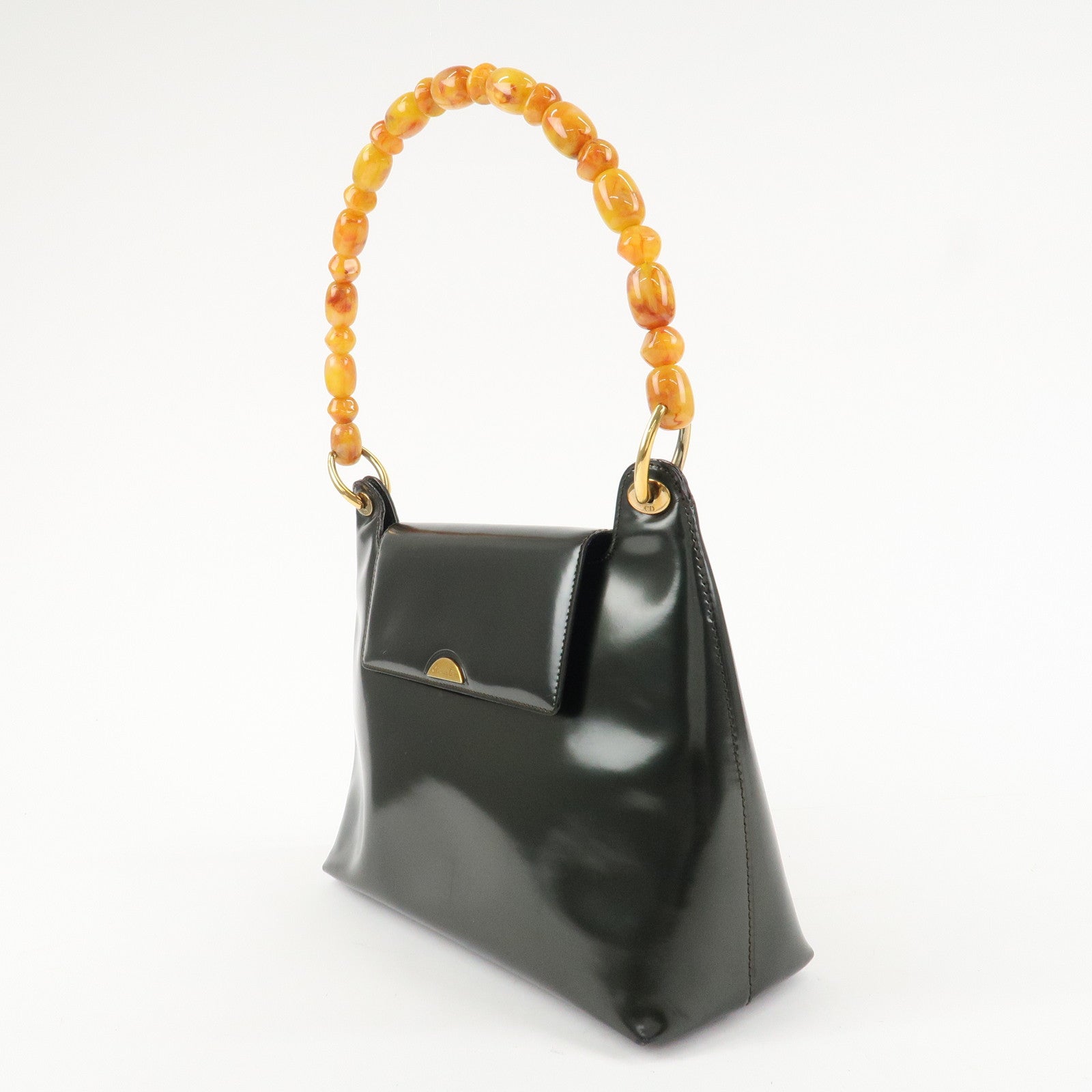 Christian Dior Enamel Leather Maris Pearl Shoulder Bag Hand Bag Khaki Used