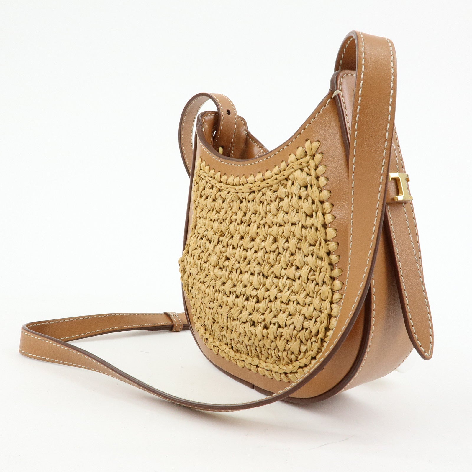 TOD'S Oboe Raffia Leather Shoulder Bag Crossbody Bag Beige Brown