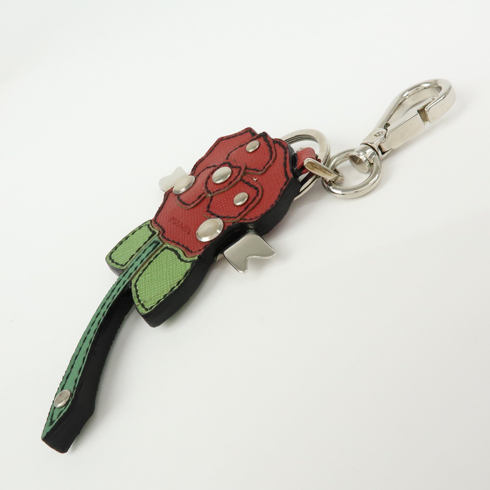 PRADA Saffiano Leather Rose Motif Bag Charm Key Holder Red 1AR290