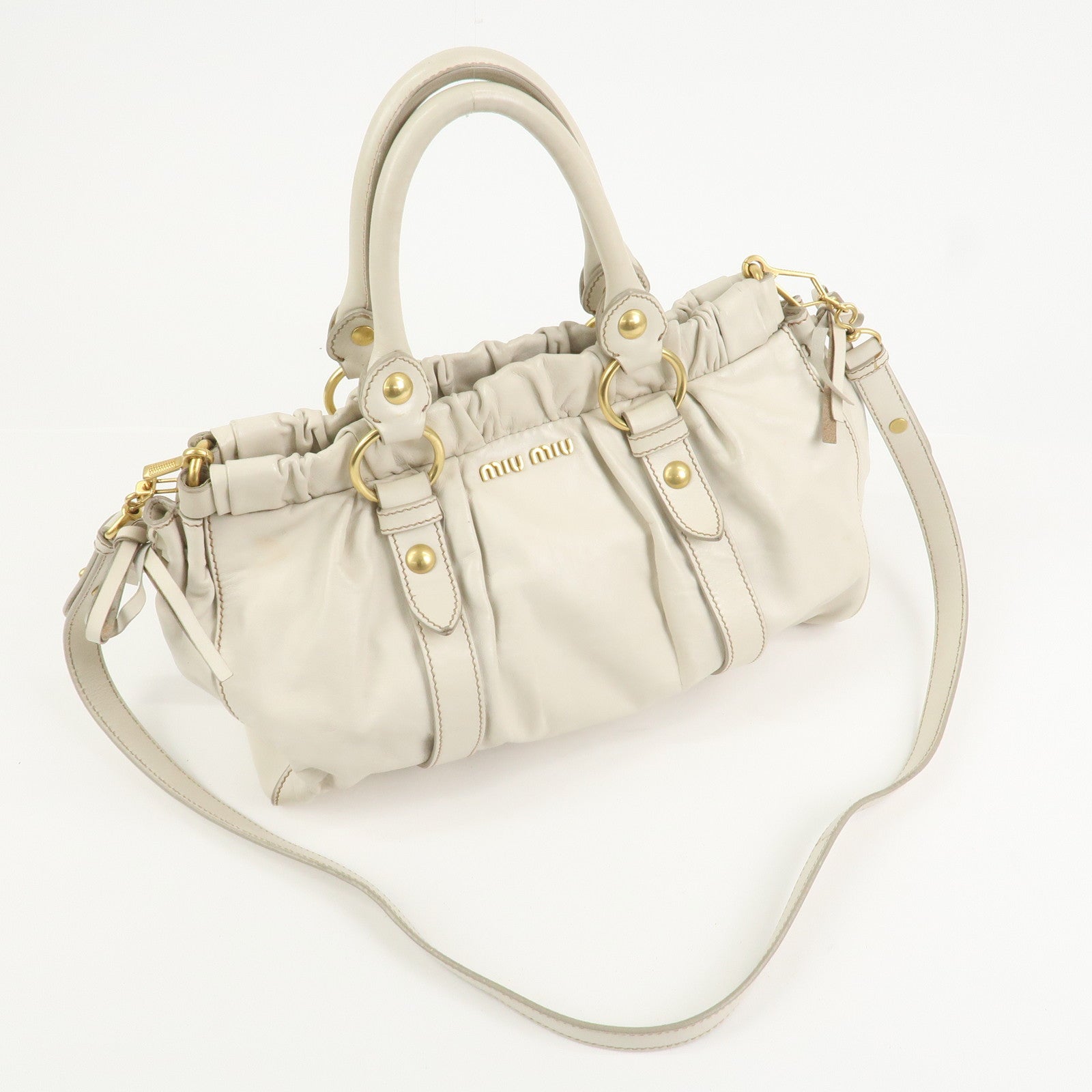 MIU MIU Logo Leather 2Way Bag Shoulder Bag Hand Bag Ivory RT0383