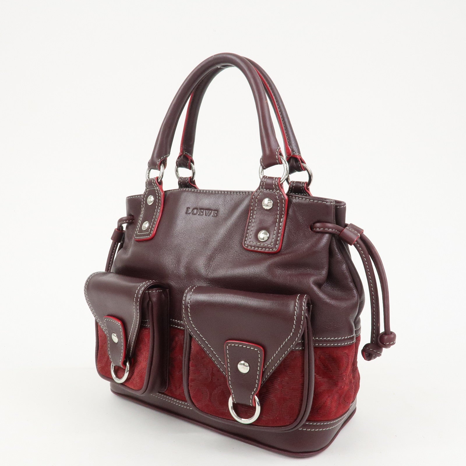 LOEWE Anagram Logo Leather Suede Hand Bag Brown Bordeaux